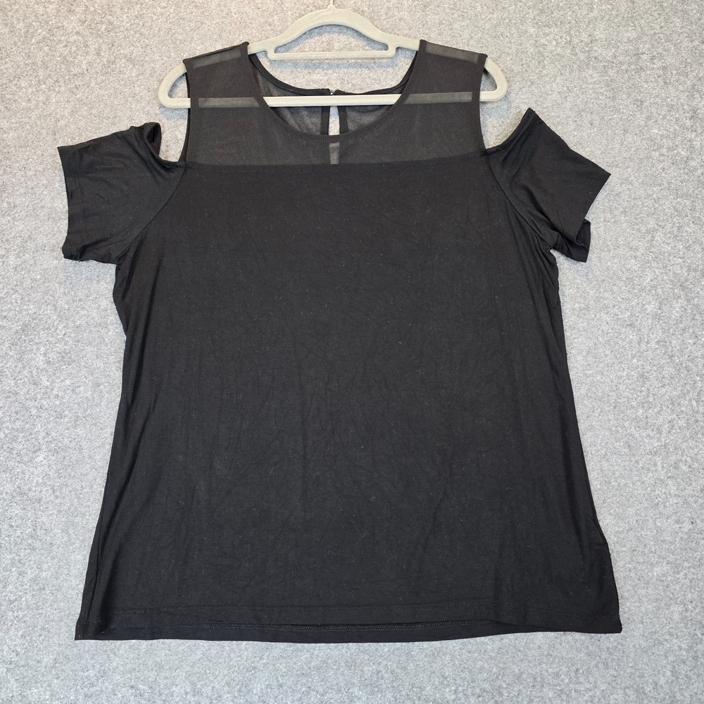 Tahari Cold Shoulder Mesh Yoke Top Womens XL Black Mesh Detail Keyhole Back